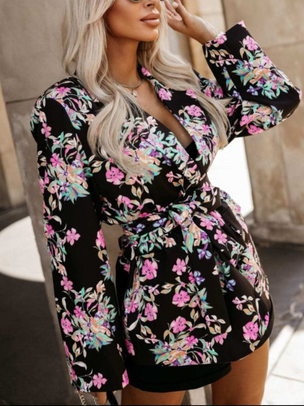 Tied Printed Collared Neck Long Sleeve Jacket - Trendsi - Flyclothing LLC