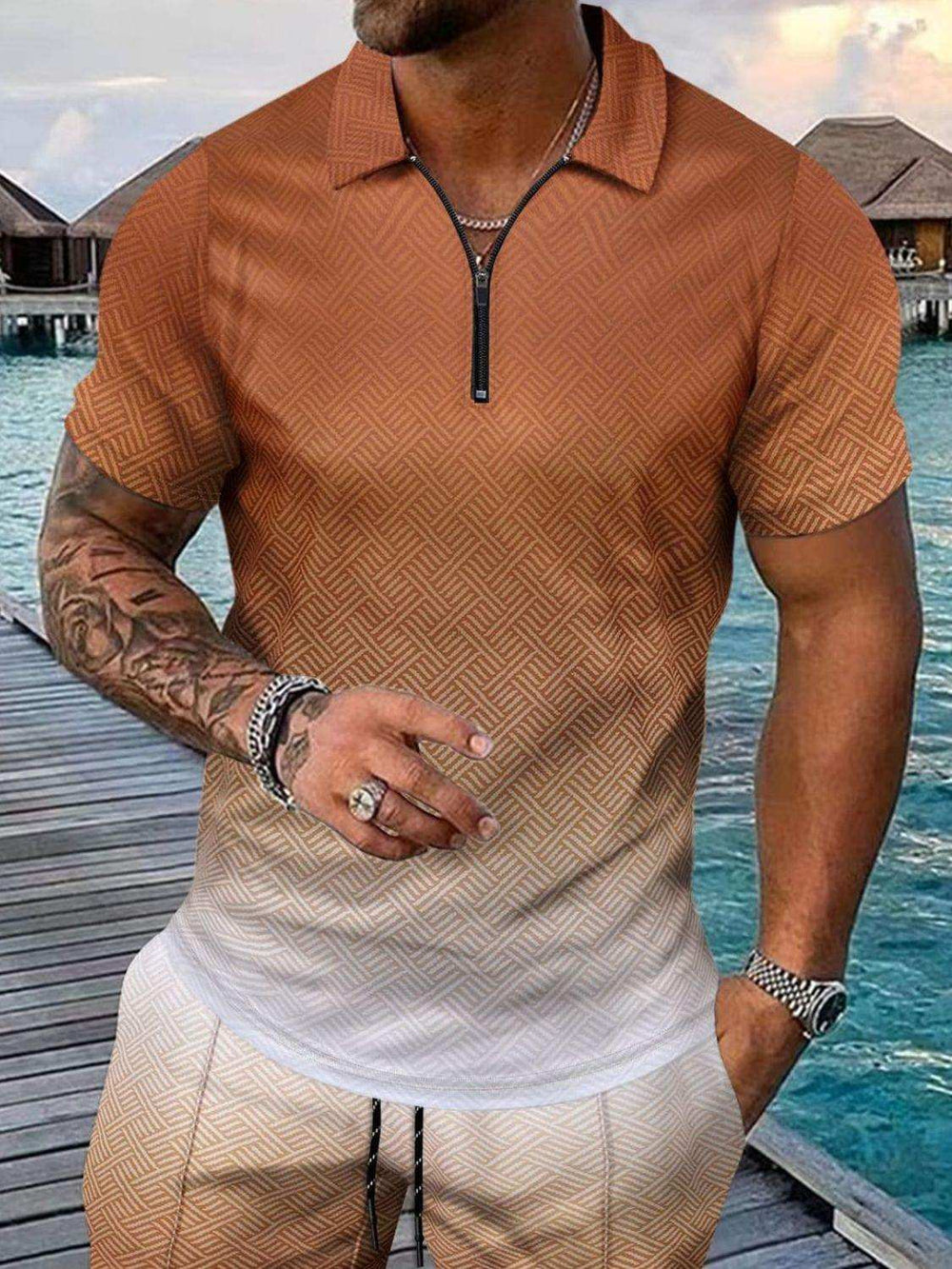 Men's Full Size Gradient Collared Neck Top and Shorts Set Plus Size - Trendsi - Flyclothing LLC