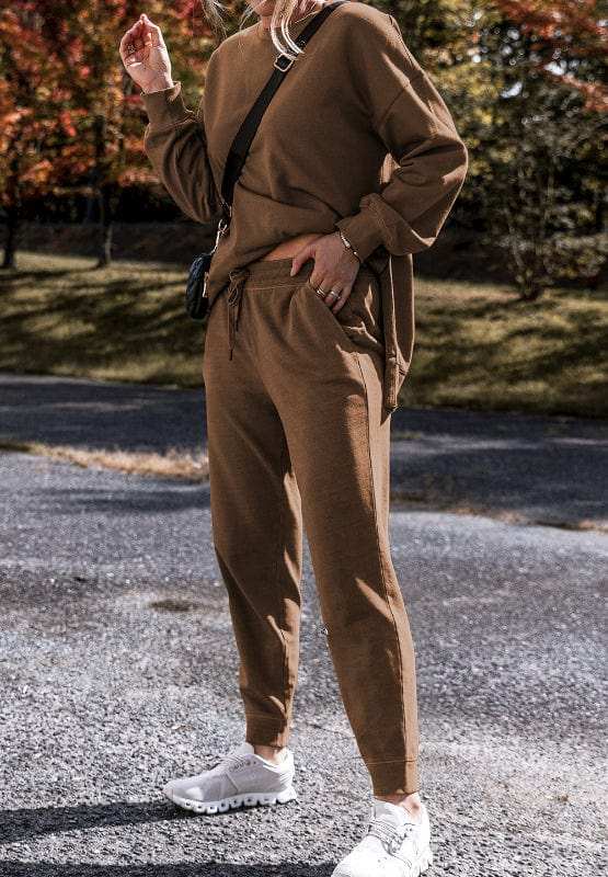 Side Slit Round Neck Long Sleeve Top and Pants Set - Trendsi - Flyclothing LLC