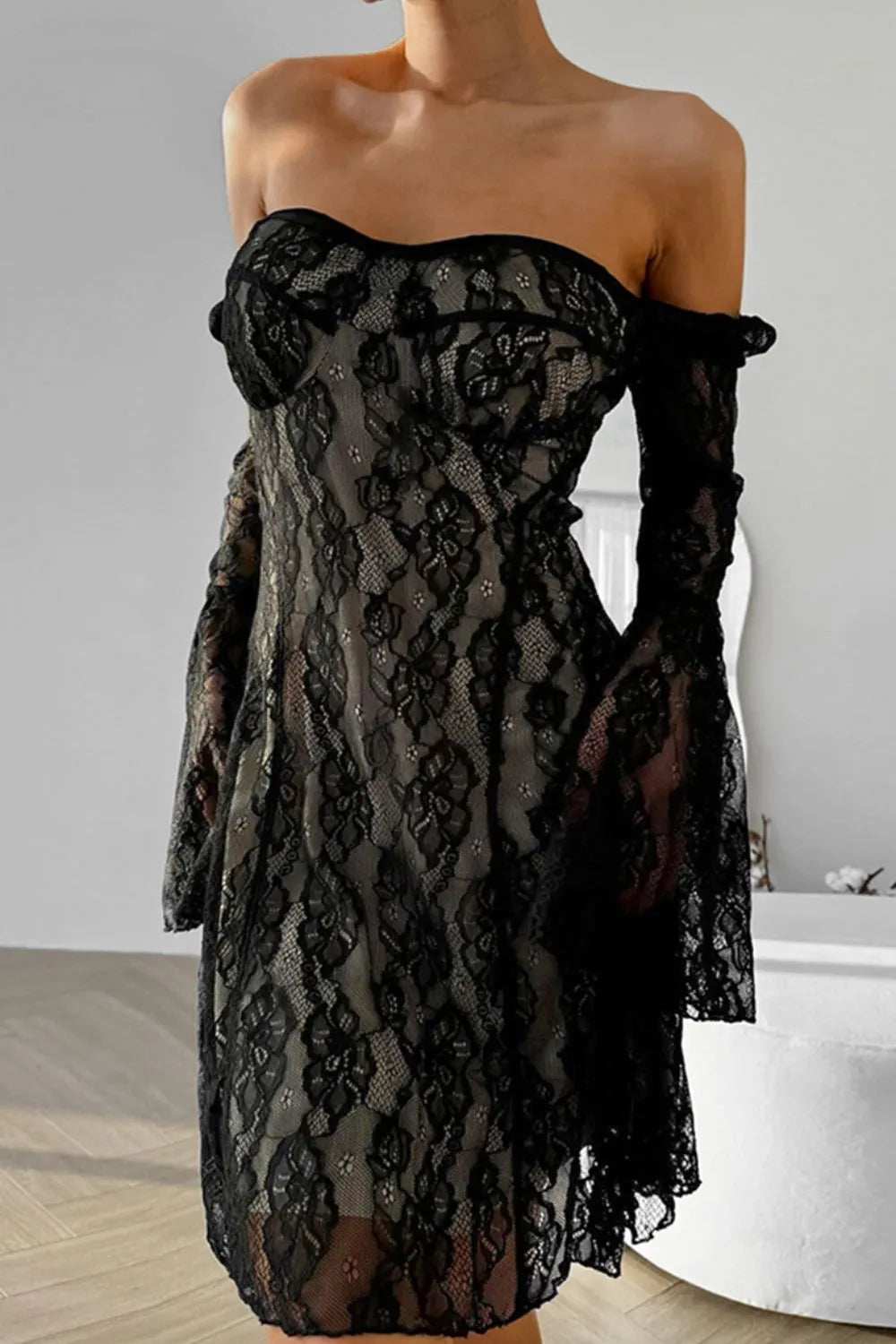Lace Sweetheart Neck Flare Sleeve Mini Dress - Trendsi - Flyclothing LLC