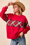 BiBi Christmas Theme Plaid Block Sweatshirt with Binding - Trendsi - Flyclothing LLC