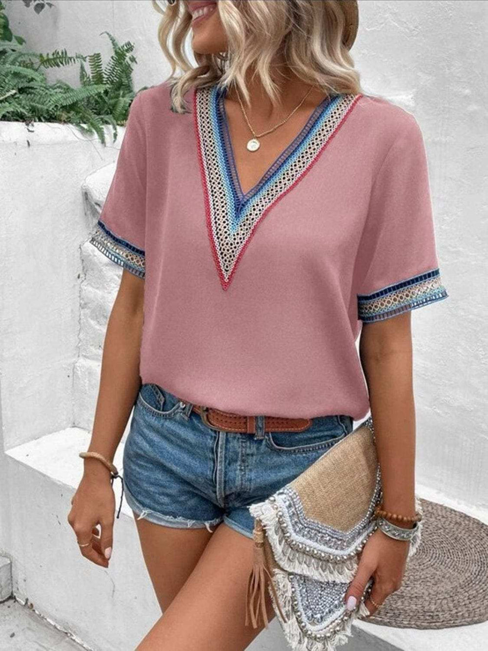 Full Size V-Neck Short Sleeve Blouse - Trendsi - Flyclothing LLC