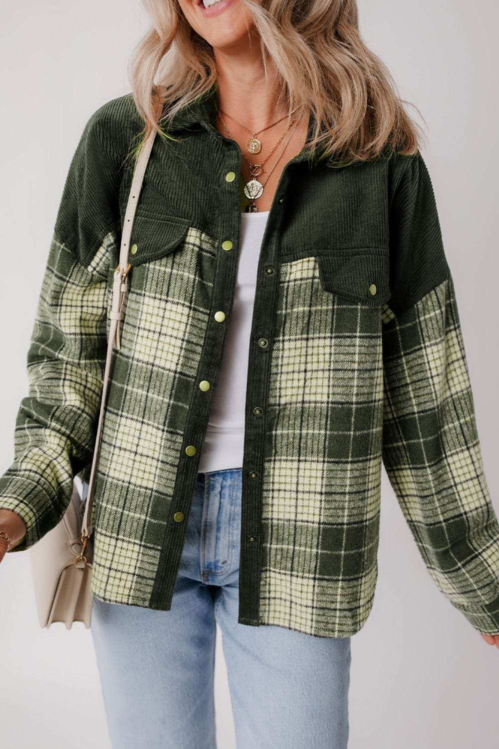 Snap Down Collared Neck Plaid Shacket - Trendsi - Flyclothing LLC
