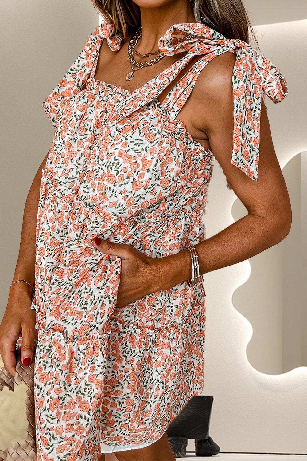 Tied Printed Sleeveless Mini Dress - Trendsi - Flyclothing LLC