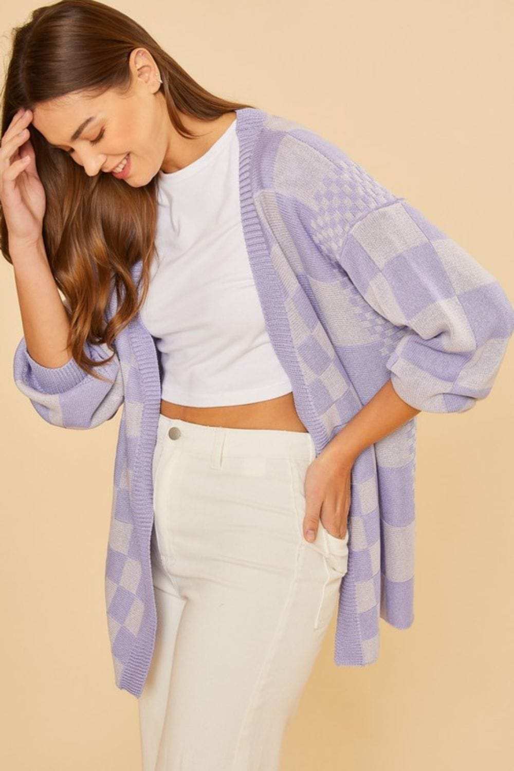 Annie Wear Checkered Open Front Drop Shoulder Cardigan - Trendsi - Flyclothing LLC