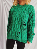 Distressed Cable-Knit Round Neck Long Sleeve Sweater - Trendsi - Flyclothing LLC