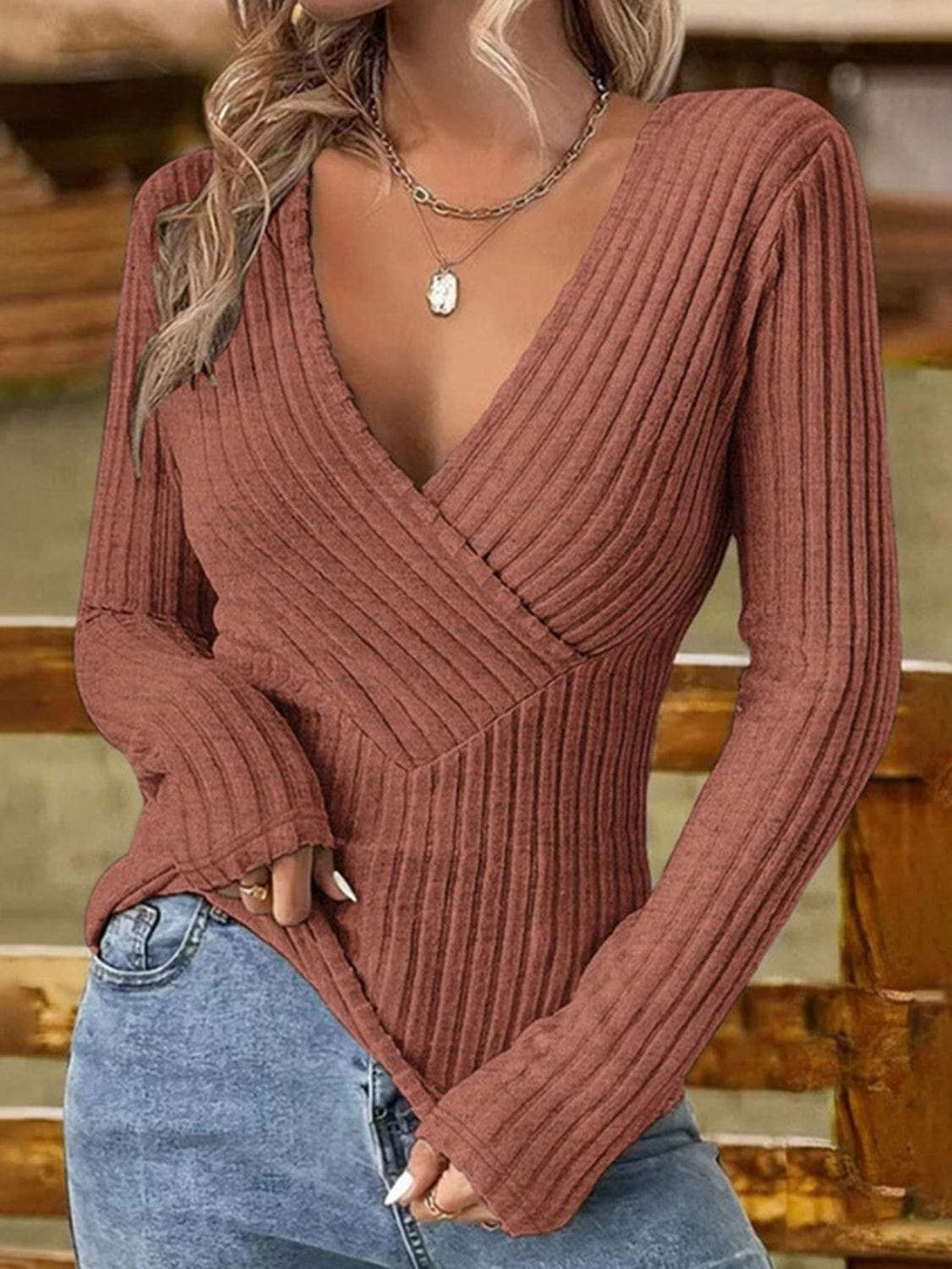 Ribbed Surplice Long Sleeve T-Shirt - Trendsi - Flyclothing LLC