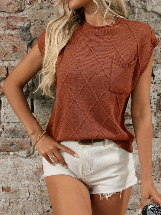 Round Neck Cap Sleeve Knit Top - Trendsi - Flyclothing LLC