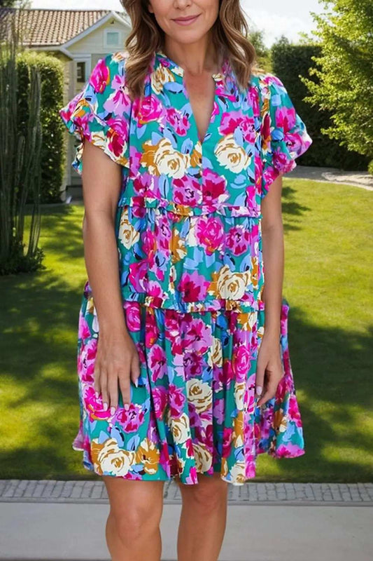 Ruffled Printed Notched Short Sleeve Mini Dress - Trendsi - Flyclothing LLC