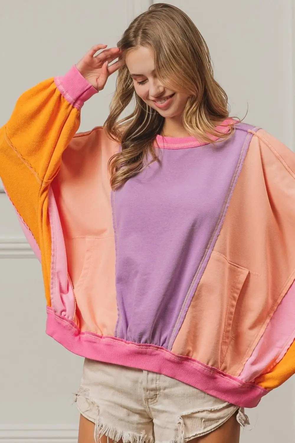 BiBi Color Block Exposed Seam Sweatshirt with Pockets - Trendsi - Flyclothing LLC