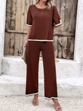 Contrast Trim Round Neck Top and Pants Set - Trendsi - Flyclothing LLC