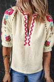 Floral Embroidered Notched Puff Sleeve Blouse - Trendsi - Flyclothing LLC