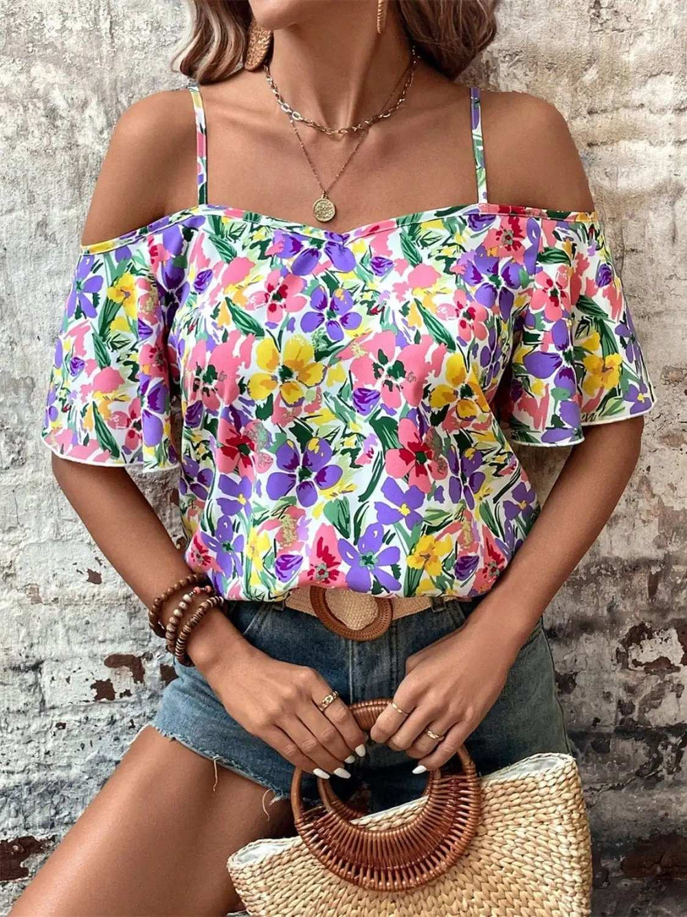 Floral Half Sleeve Blouse - Trendsi - Flyclothing LLC