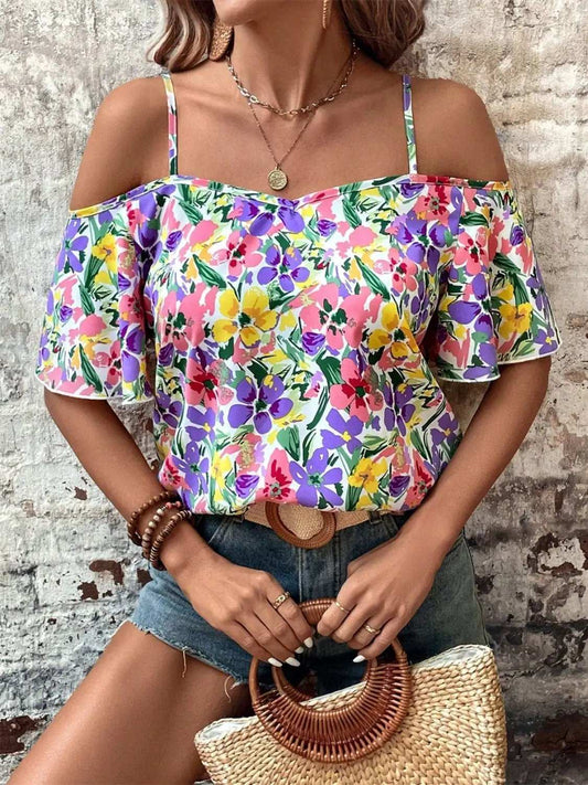 Floral Half Sleeve Blouse - Trendsi - Flyclothing LLC