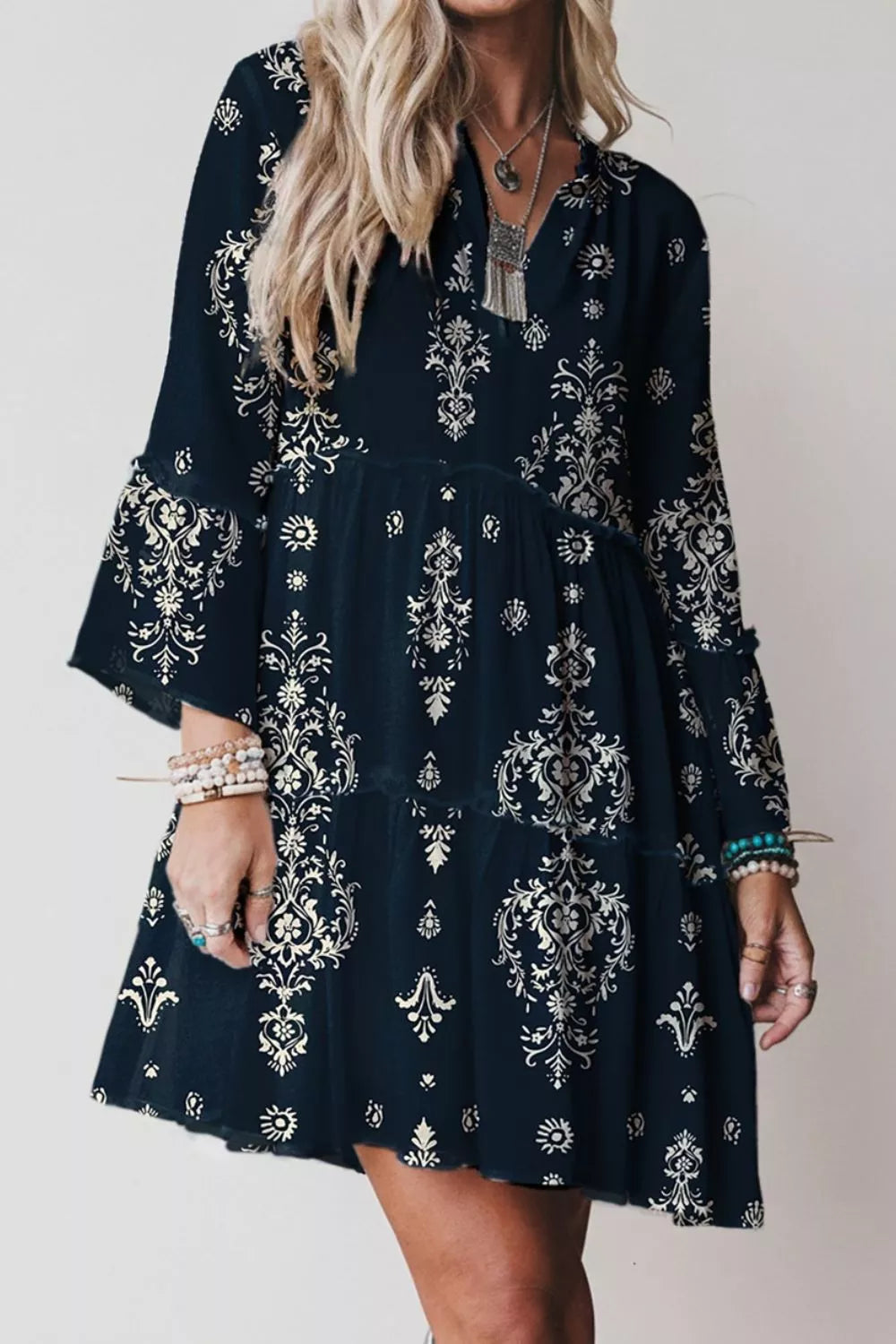 Printed Long Sleeve Tiered Mini Dress - Trendsi - Flyclothing LLC