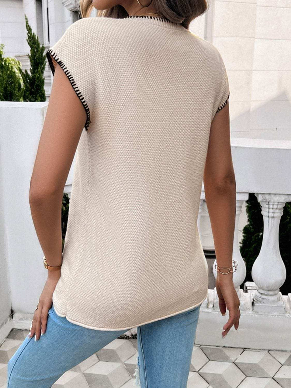 Round Neck Cap Sleeve Knit Top - Trendsi - Flyclothing LLC