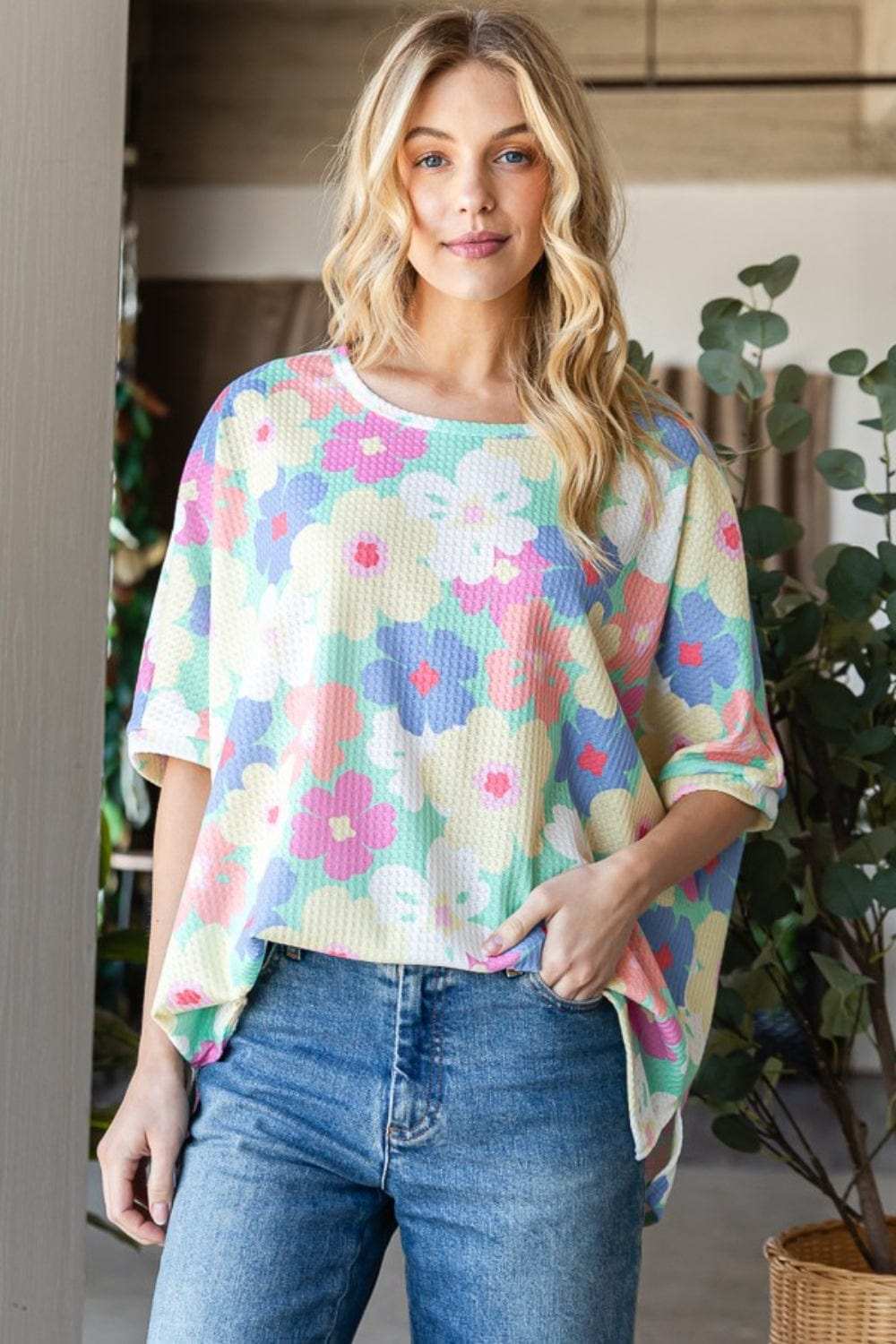 HOPELY Floral Waffle Oversized T-Shirt - Trendsi - Flyclothing LLC