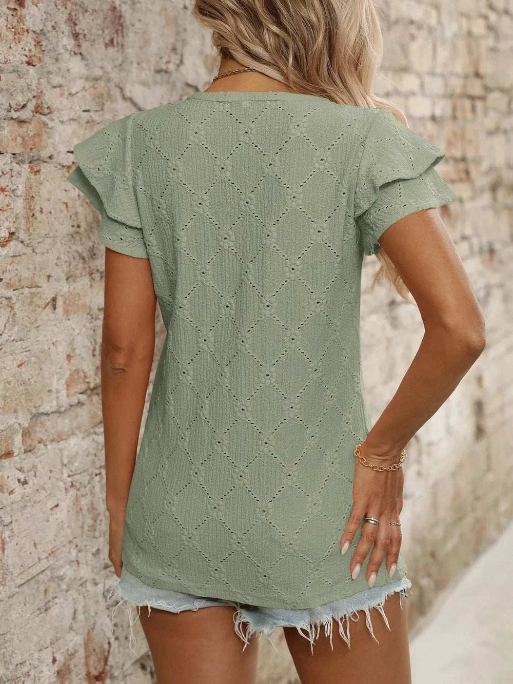 Eyelet V-Neck Ruffled Cap Sleeve Top - Trendsi - Flyclothing LLC