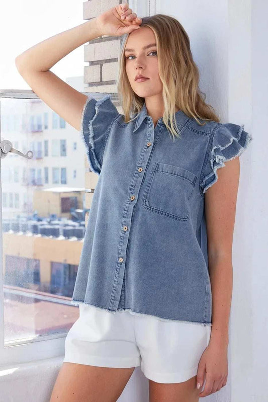 Mittoshop Washed Denim Ruffle Short Sleeve Collared Shirt - Trendsi - Flyclothing LLC