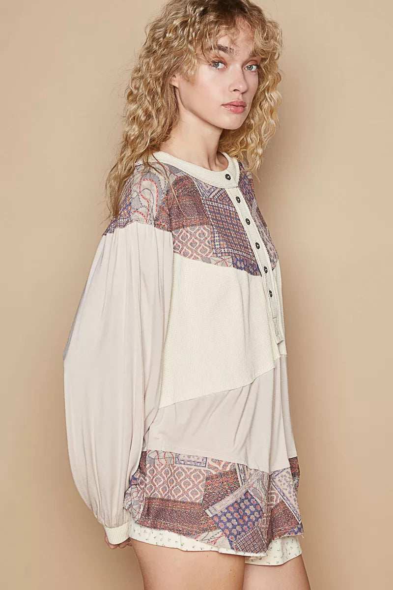 POL Half Button Balloon Sleeve Top with Printed Knit Contrast - Trendsi - Flyclothing LLC