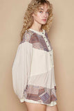 POL Half Button Balloon Sleeve Top with Printed Knit Contrast - Trendsi - Flyclothing LLC