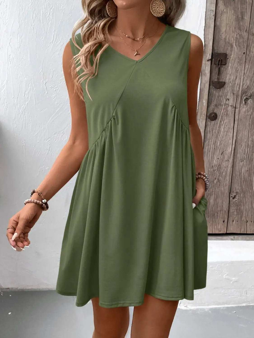 Ivy Lane Ruched V-Neck Sleeveless Mini Dress - Trendsi - Flyclothing LLC