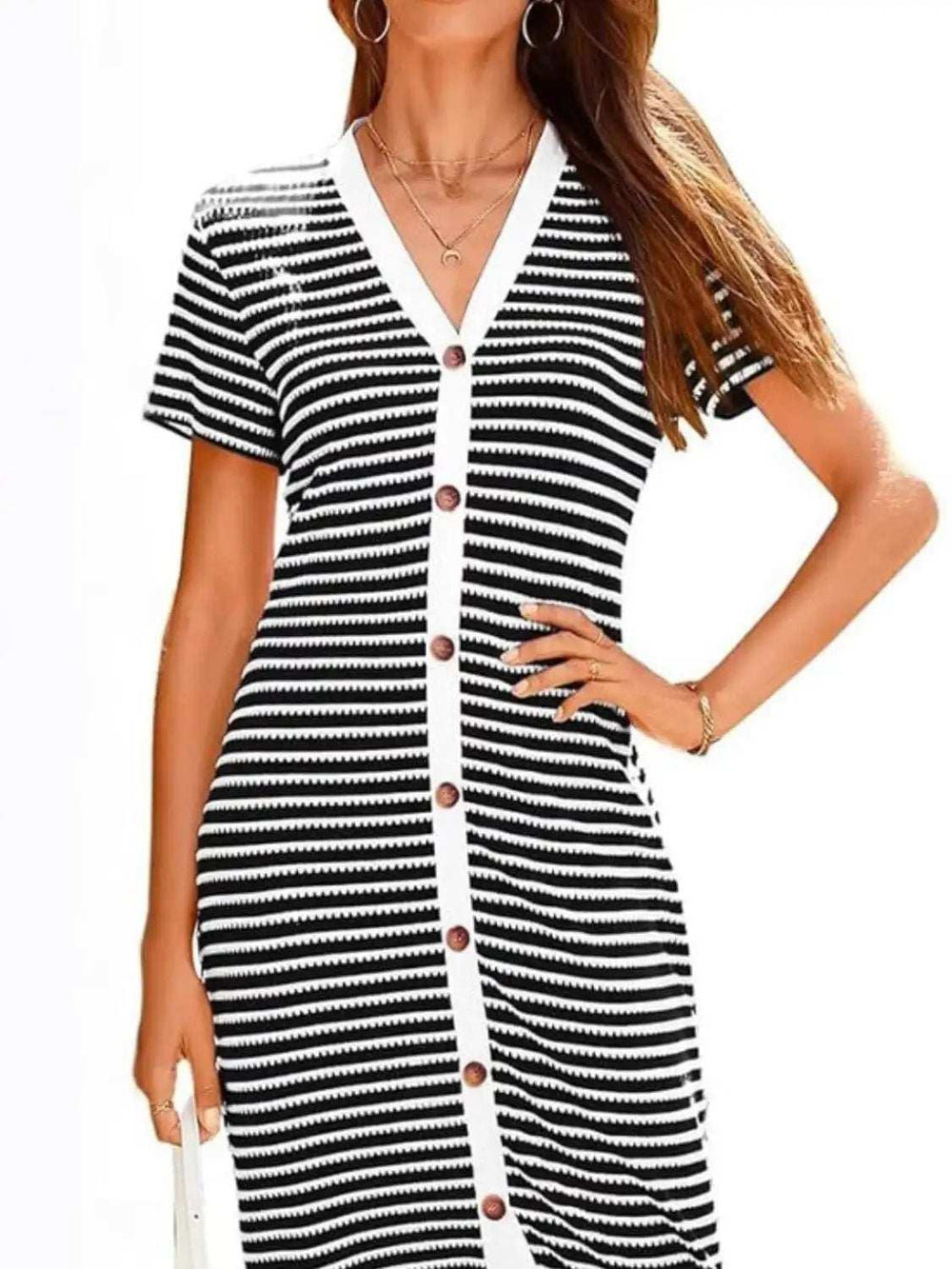 Contrast Striped V-Neck Short Sleeve Midi Dress - Trendsi - Flyclothing LLC