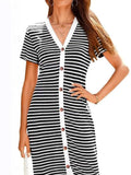Contrast Striped V-Neck Short Sleeve Midi Dress - Trendsi - Flyclothing LLC