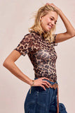 BiBi High Neck Leopard Mesh Short Sleeves Top - Trendsi - Flyclothing LLC