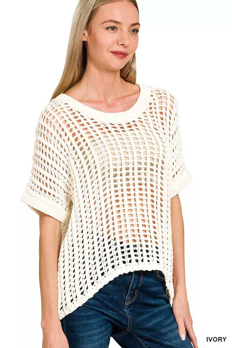Zenana Fish Net Short Sleeve Crochet Knit Cover Up - Trendsi - Flyclothing LLC