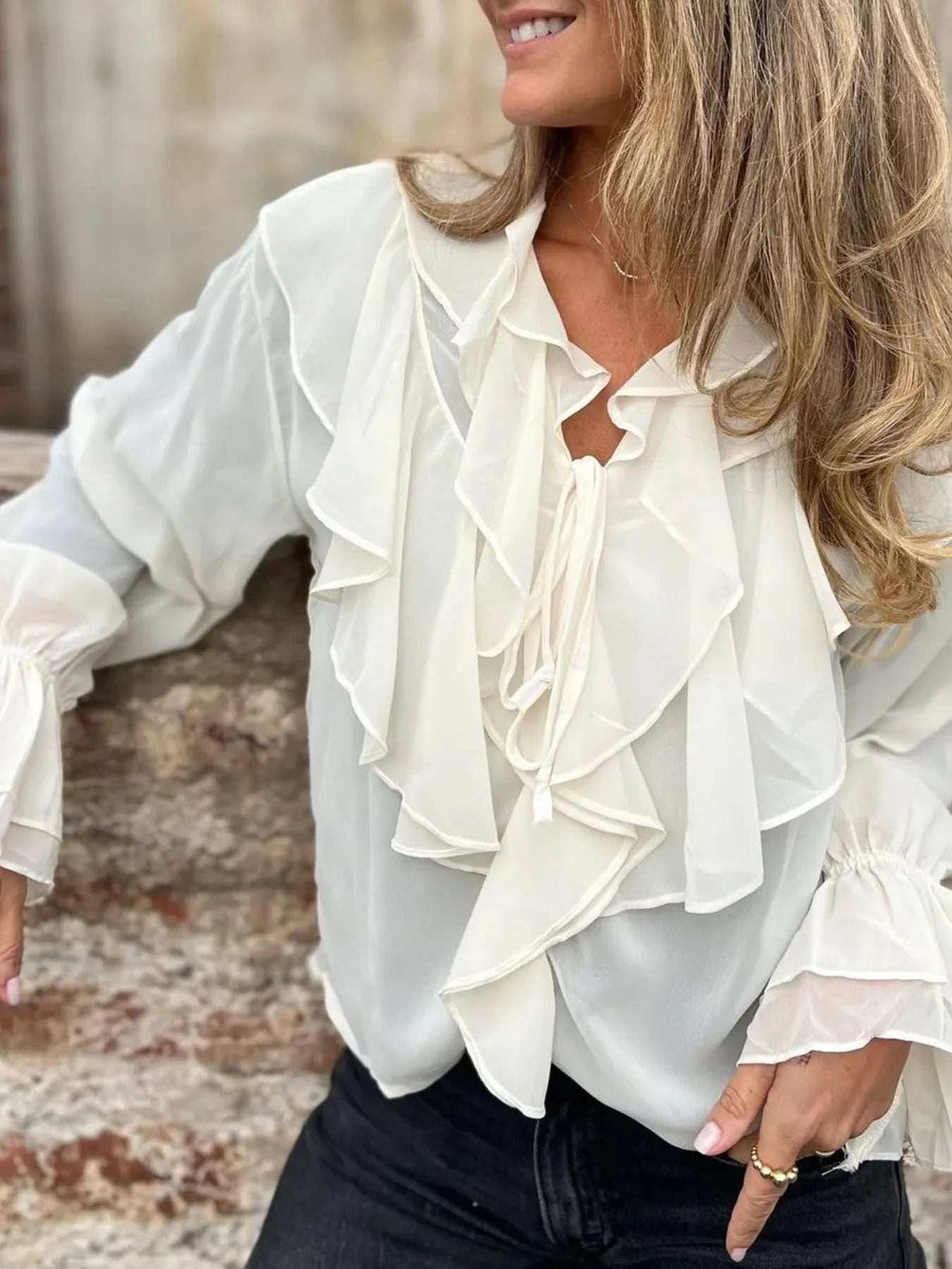 Ruffled Tie Front Flounce Sleeve Blouse - Trendsi - Flyclothing LLC