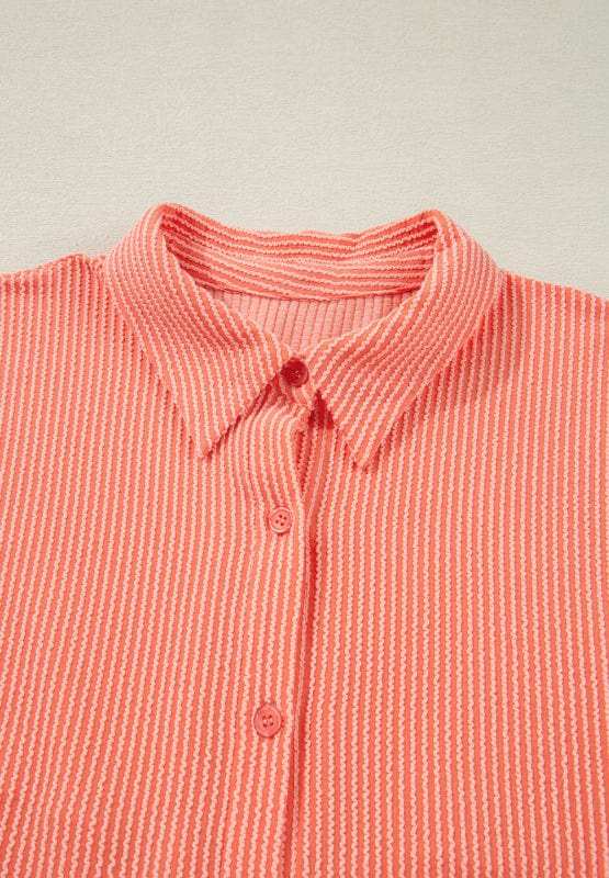 Corded Half Sleeve Button Up High Low Shirt - Trendsi - Flyclothing LLC