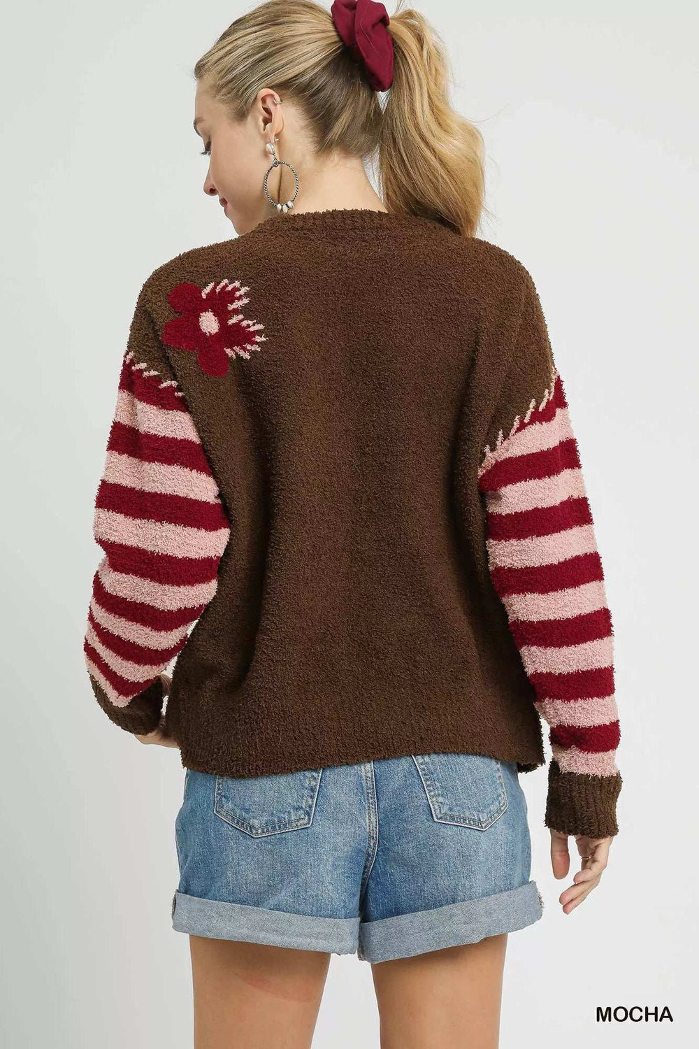 Umgee Flower Jacquard Striped Long Sleeve Sweater - Trendsi - Flyclothing LLC