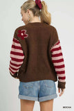Umgee Flower Jacquard Striped Long Sleeve Sweater - Trendsi - Flyclothing LLC