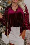 Sequin Notched Long Sleeve Blouse - Trendsi - Flyclothing LLC
