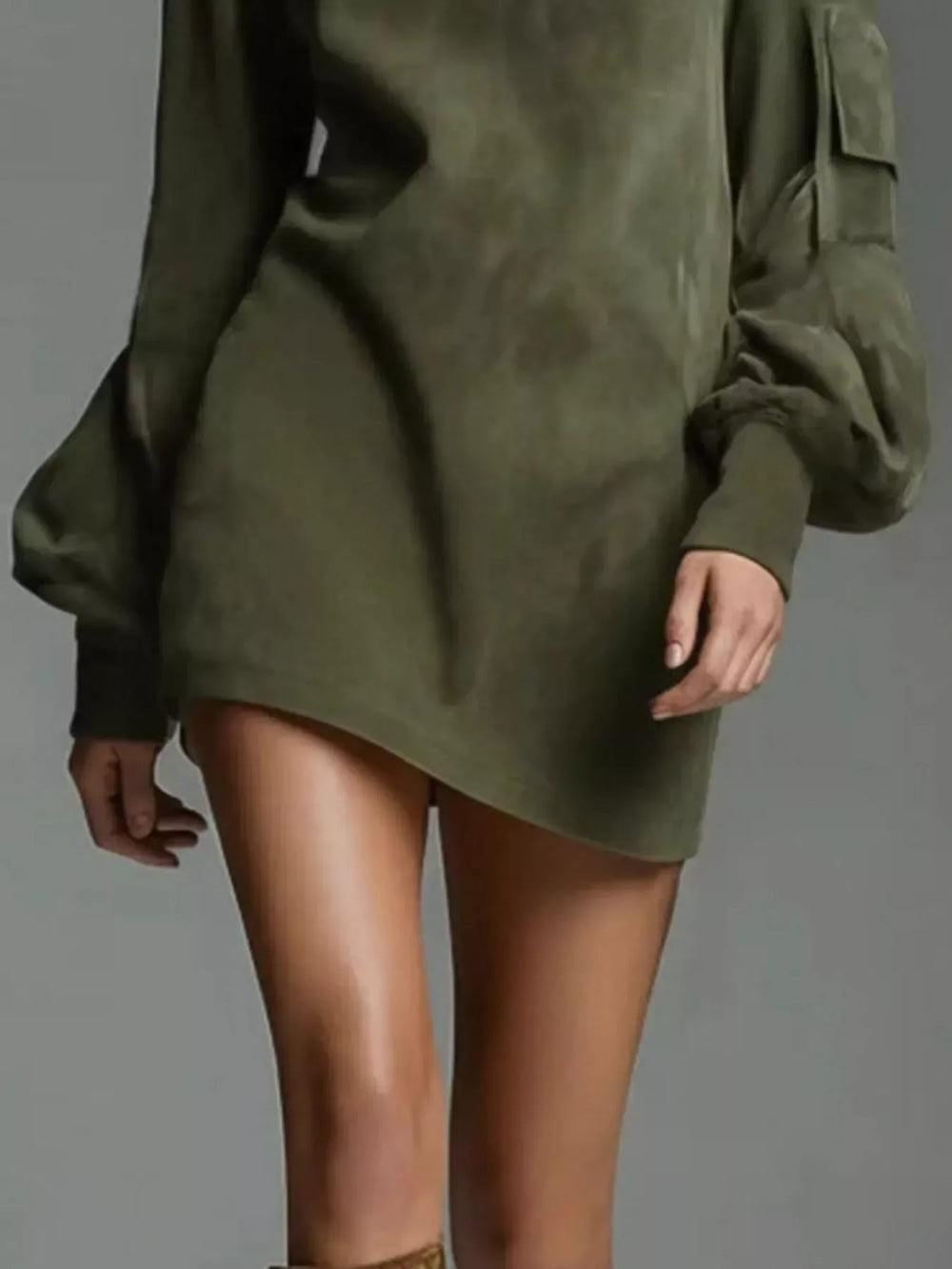 Full Size Suede Turtleneck Lantern Sleeve Mini Dress Plus Size - Trendsi - Flyclothing LLC