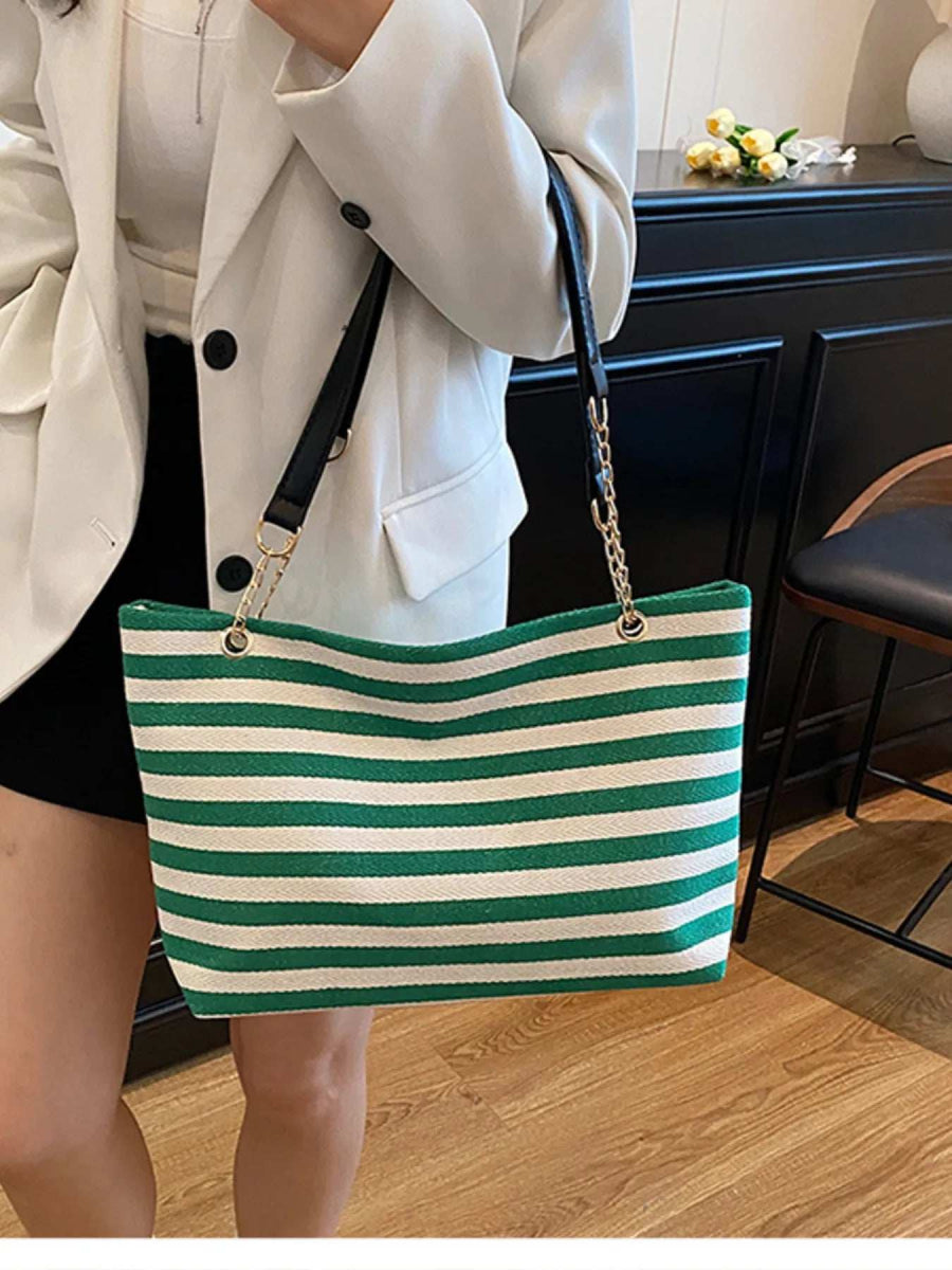 Striped Shoulder Bag with Chain Detail - Trendsi - Flyclothing LLC