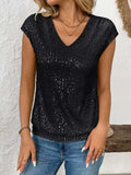 Sequin V-Neck Cap Sleeve Top - Trendsi - Flyclothing LLC