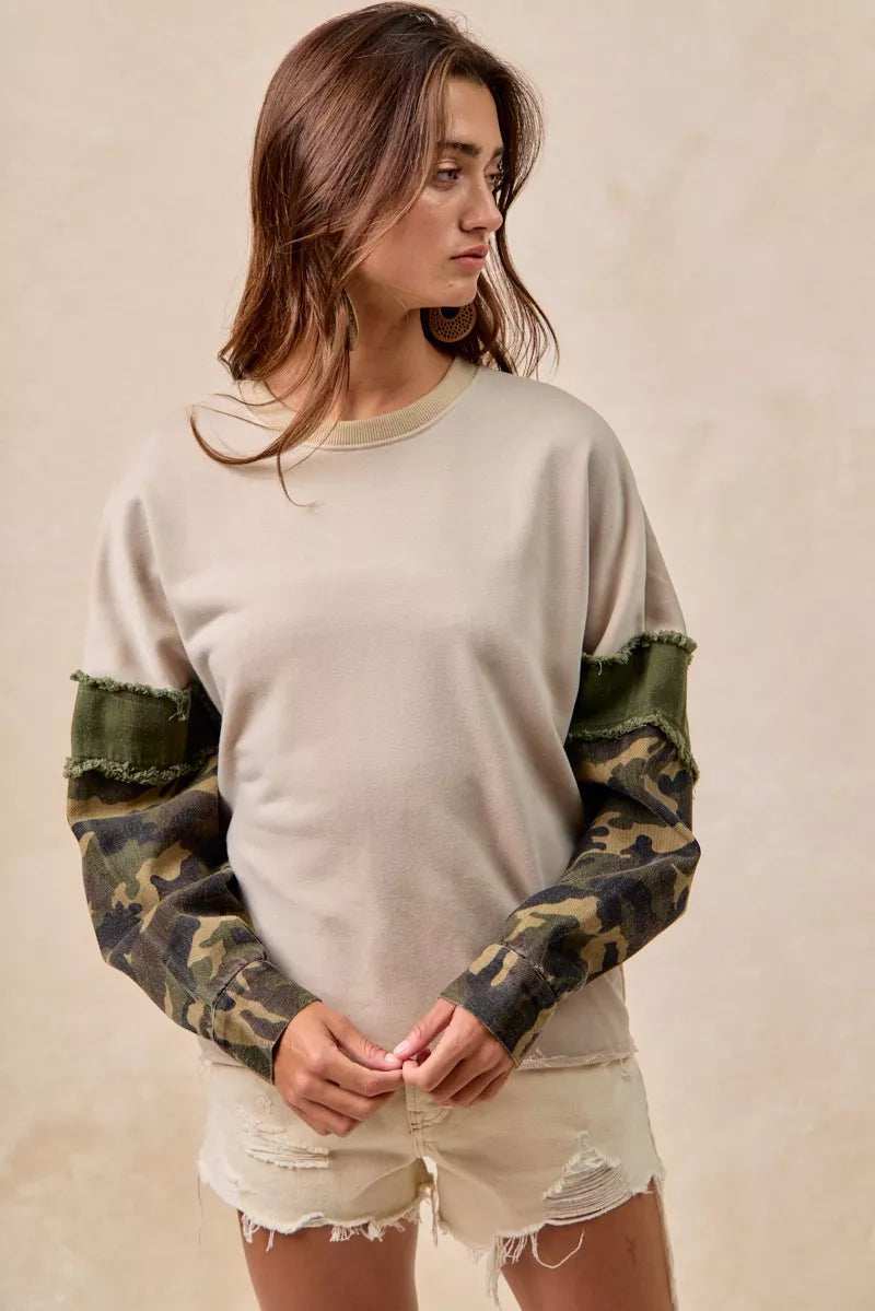 BiBi Camo Sleeve French Terry Top with Frayed Edge - Trendsi - Flyclothing LLC