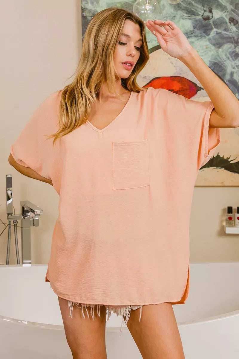 BiBi Woven V Neck Hi-low Boxy Top With Front Pocket - Trendsi - Flyclothing LLC