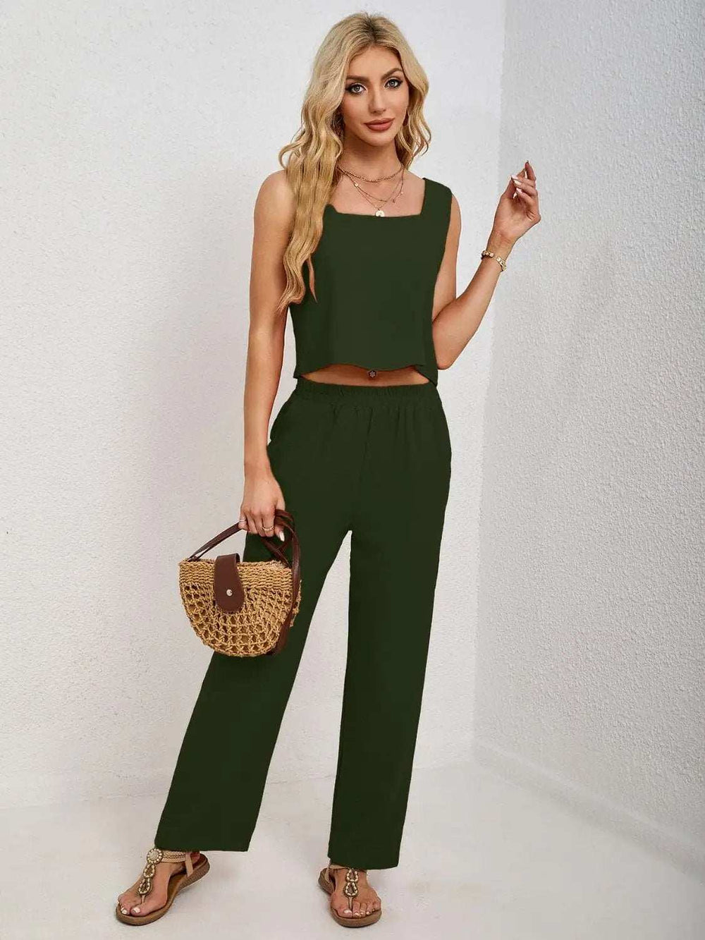 Square Neck Tank and Wide Leg Pants Set - Trendsi - Flyclothing LLC