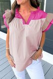 Color Block Notched Ruffled Cap Sleeve Blouse - Trendsi - Flyclothing LLC
