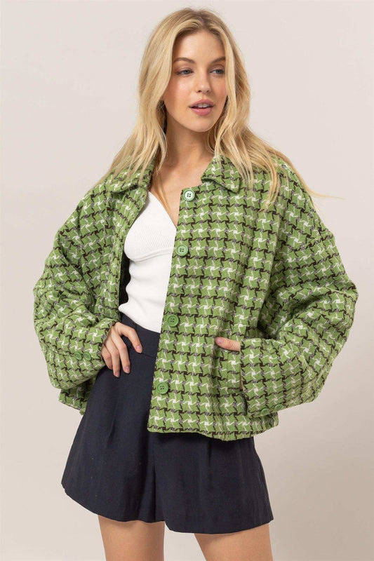 HYFVE Tweed Plaid Button Up Collared Neck Jacket - Trendsi - Flyclothing LLC