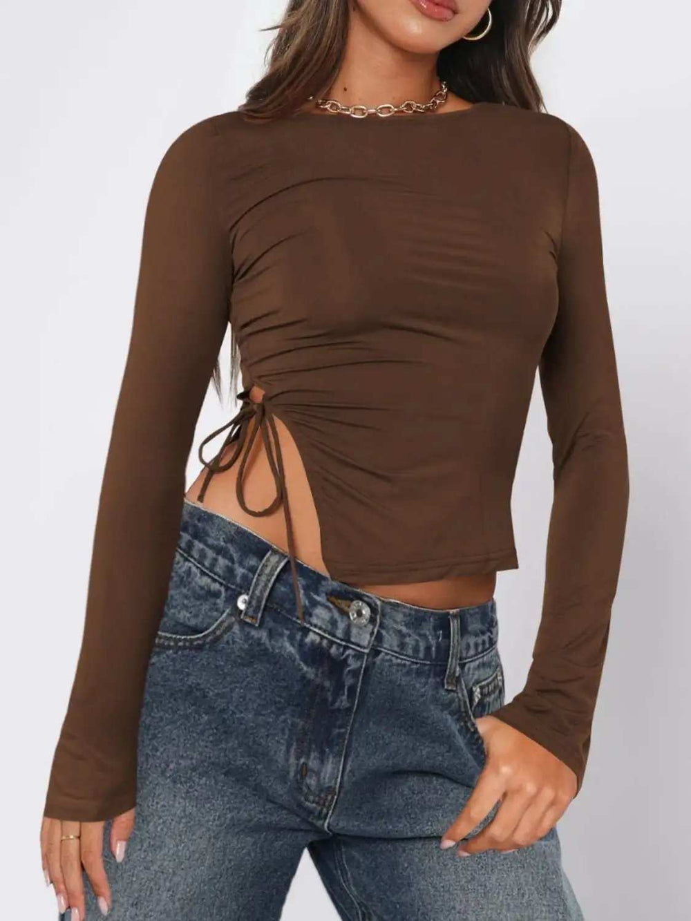 Tied Slit Round Neck Long Sleeve T-Shirt - Trendsi - Flyclothing LLC