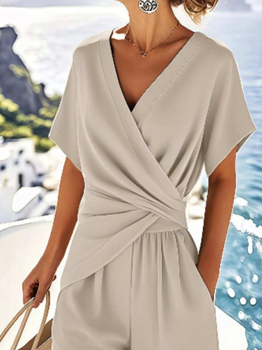 Full Size Surplice Short Sleeve Top and Pants Set Plus Size - Trendsi - Flyclothing LLC