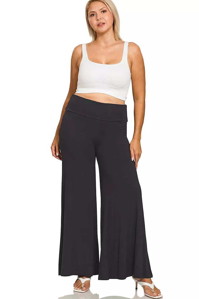 Zenana Full Size Fold Over Waist Comfy Wide Leg Pants Plus Size - Trendsi - Flyclothing LLC