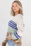 Leopard Striped Round Neck Crochet Knit Top - Trendsi - Flyclothing LLC