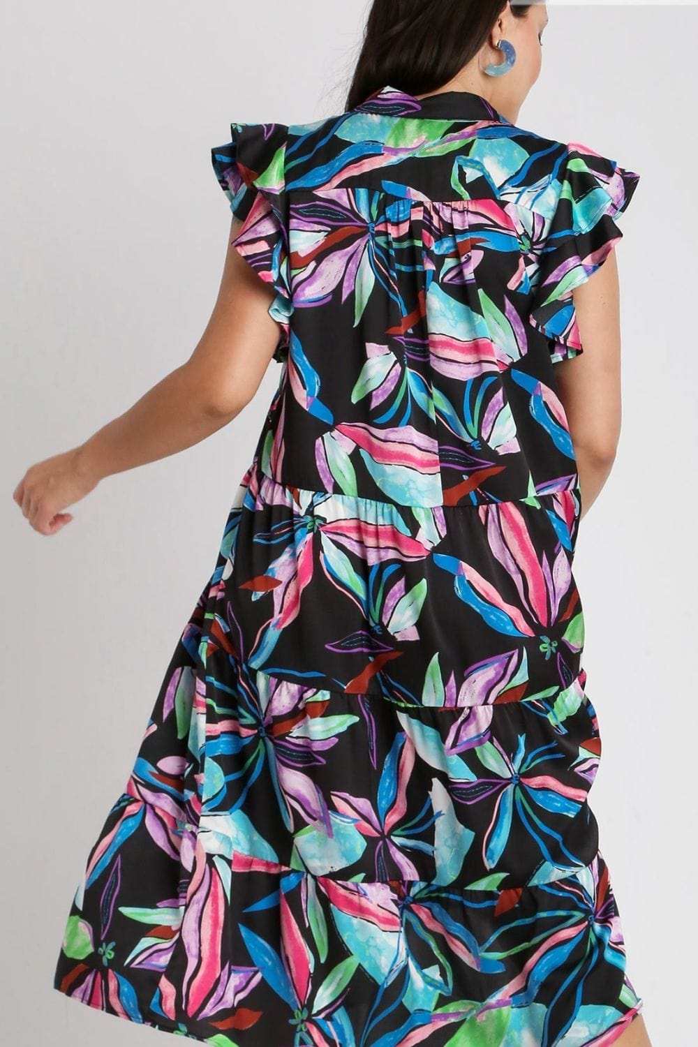 Umgee Full Size Leaf Print Double Layered Ruffle Sleeve Tiered Midi Dress Plus Size - Trendsi - Flyclothing LLC