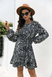 Animal Print Round Neck Balloon Sleeve Mini Dress - Trendsi - Flyclothing LLC
