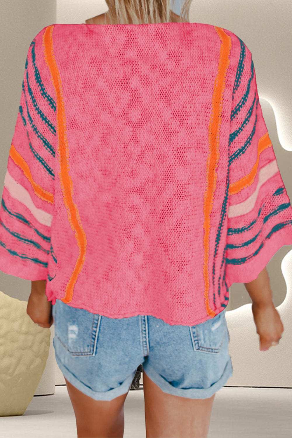 Striped Boat Neck Three-Quarter Sleeve Knit Top - Trendsi - Flyclothing LLC